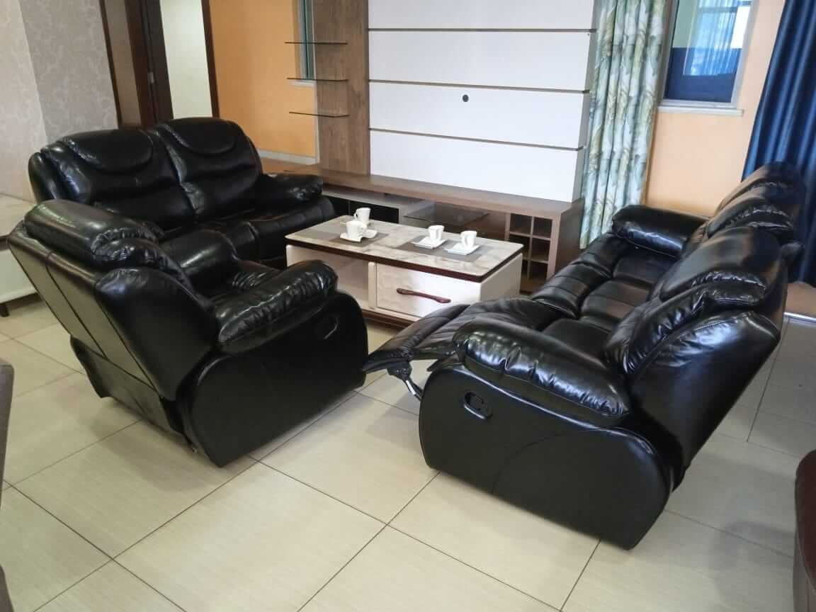 Pure Leather Black Recliner Sofa Set - 6 Sitter