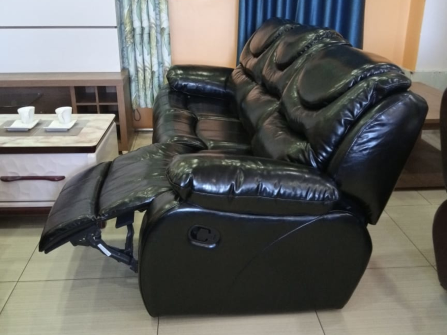 Pure Leather Black Recliner Sofa Set - 3 Sitter
