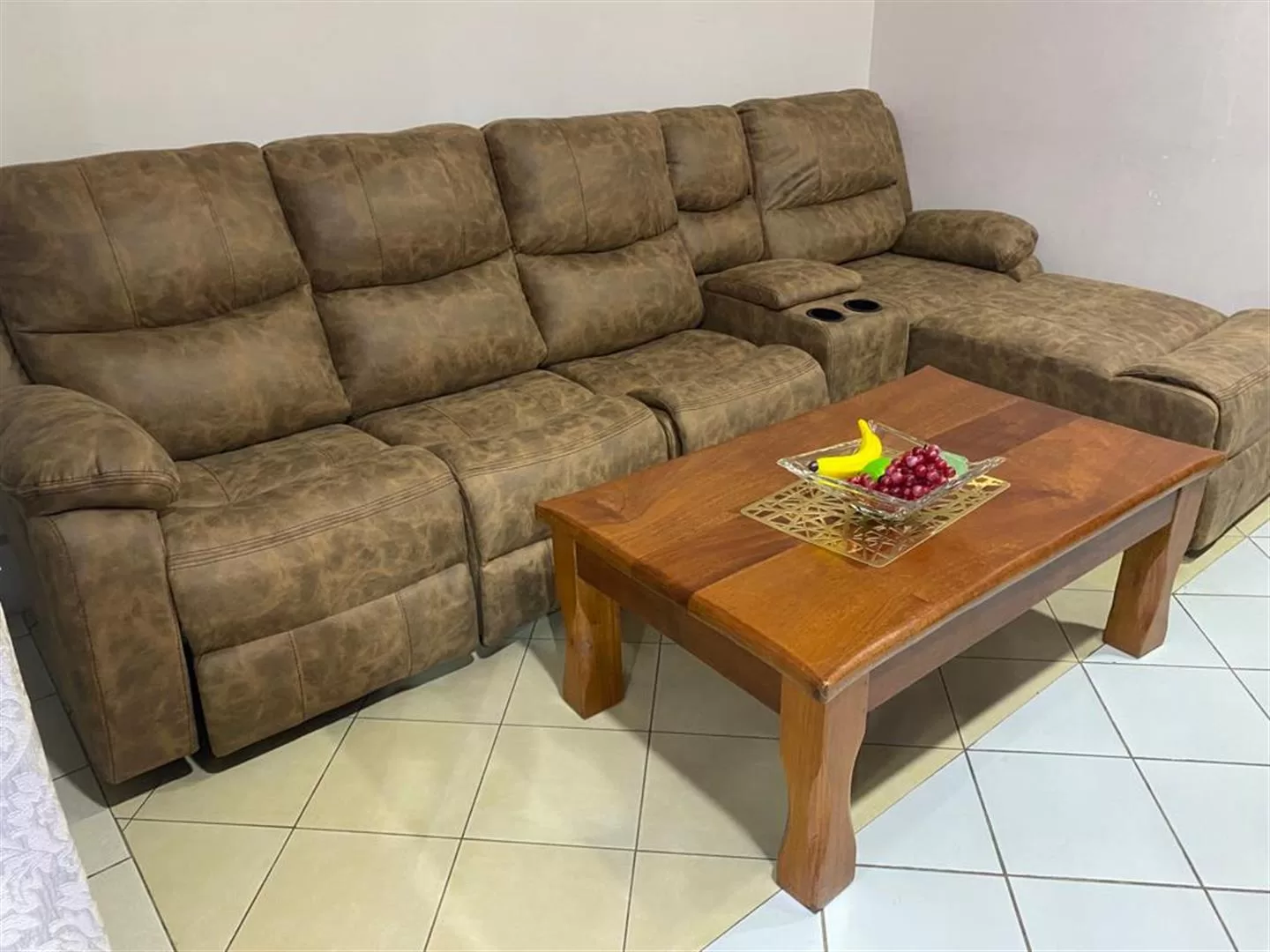Miam yellow-brown L-shaped 6-seater sectional recliner.